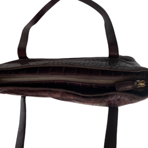 Vintage Brown Leather ( embossed like Crocodile ) Handbag with Plaid Interior - Picture 4 of 12